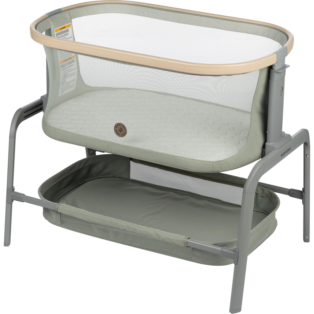 Maxi-Cosi Iora 2-in-1 Bedside Bassinet in Grey, a sleek and modern maxi cosi bassinet for newborns.