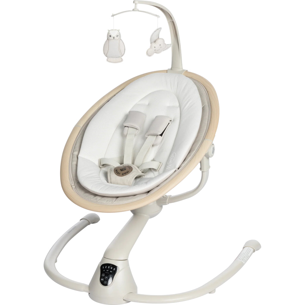 Maxi Cosi Cassia Swing in neutral tones, offering a calming experience for your baby, a top-rated best baby swing.