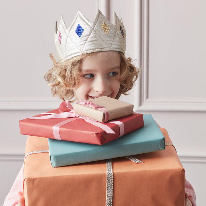 Meri Meri Gold & Glitter Crown, a gold lamé kids dress-up crown with colorful glitter details