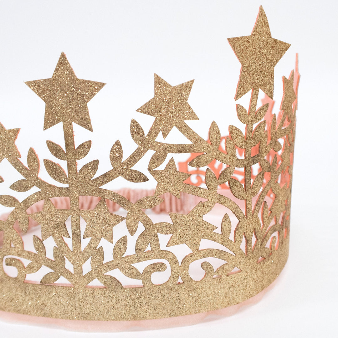Meri Meri Glitter Fabric Star Crown with pink velvet elastic band for pretend play