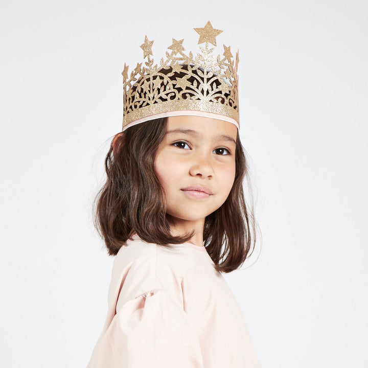 Meri Meri Glitter Fabric Star Crown, a gold glitter kids crown with leaf and star design