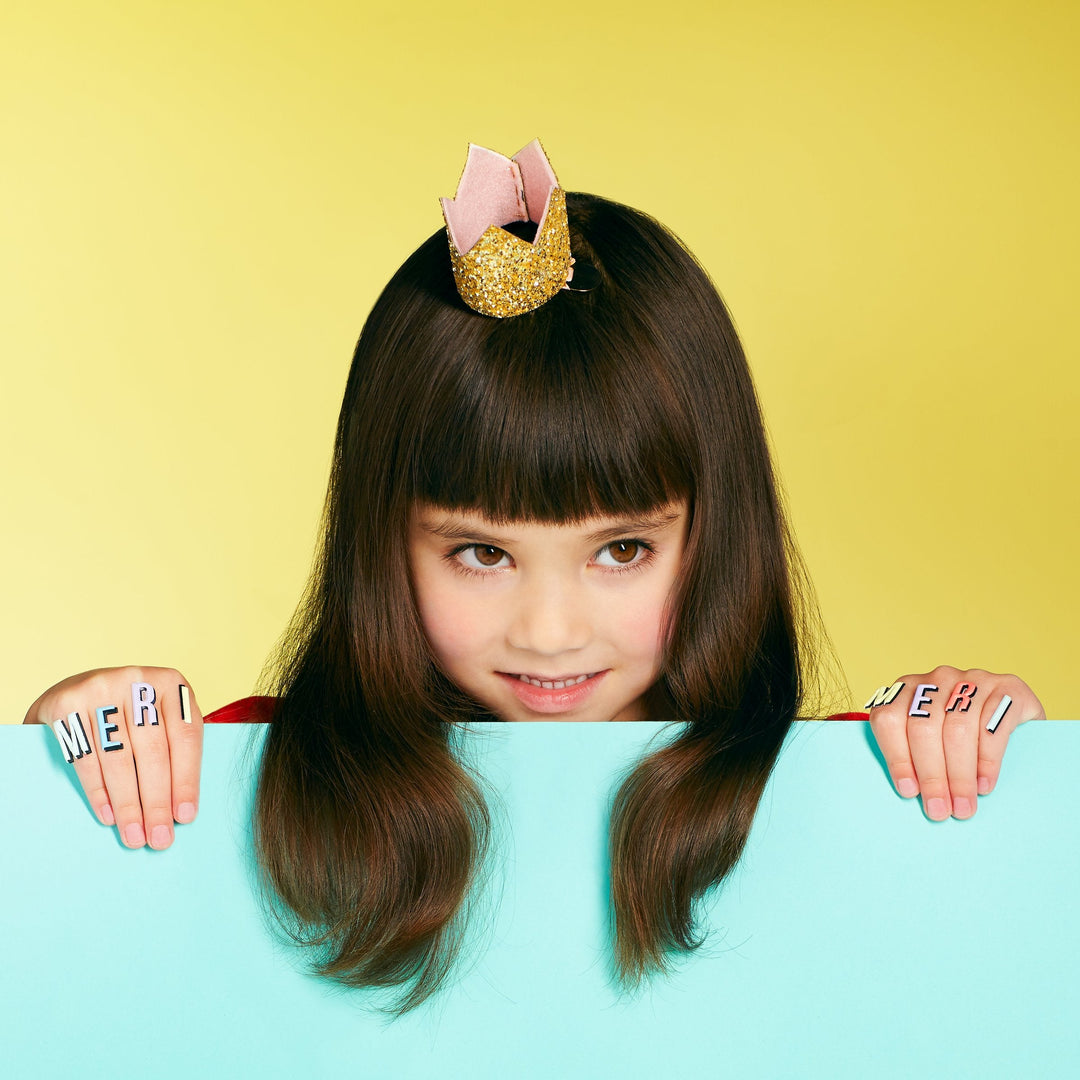 Kids crown barrette in gold glitter, the Meri Meri Mini Gold Glitter Crown Hair Clip