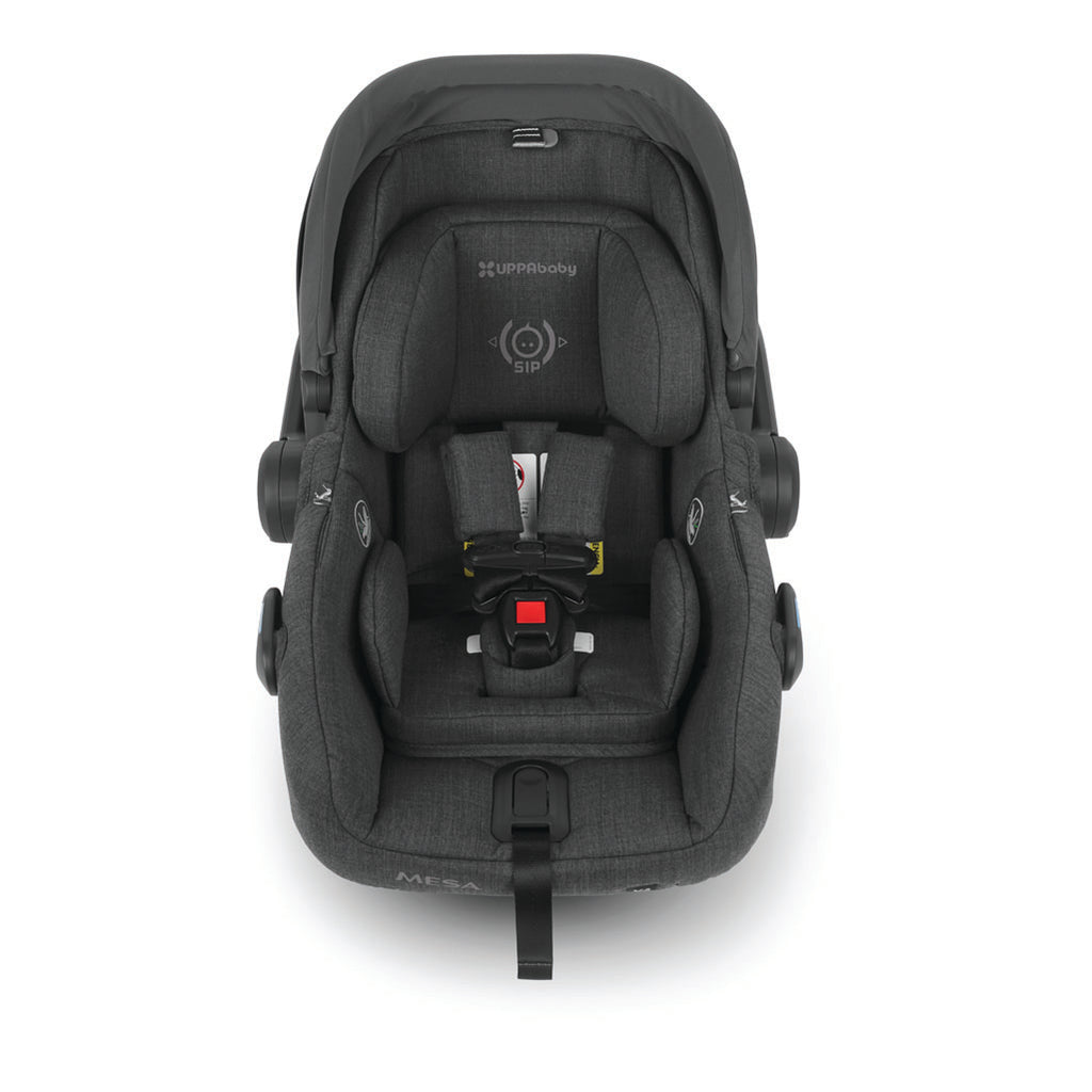 Front view of Mesa carseat in color greyson with infant insert.