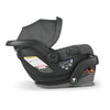 Right view of Mesa v2 carseat with handle down and canopy up in the base.