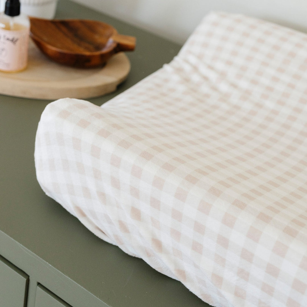Gingham Saranoni Minky Stretch Luxe Changing Covers feel velvety and make an elevated changing table pad experience