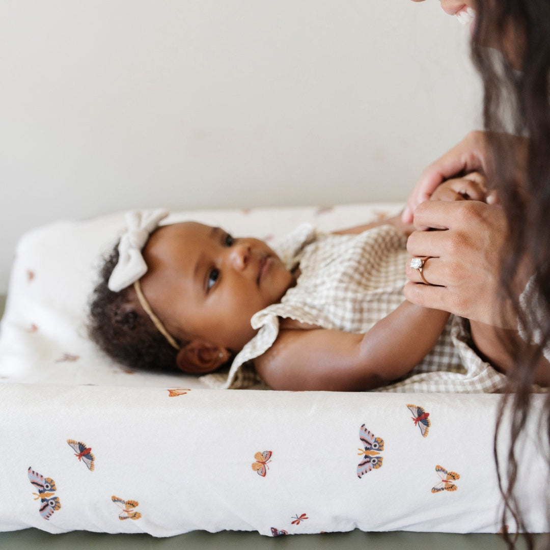 Saranoni Minky Stretch Luxe Changing Covers in Butterfly keep baby cozy while offering a stylish changing pad design that feels modern