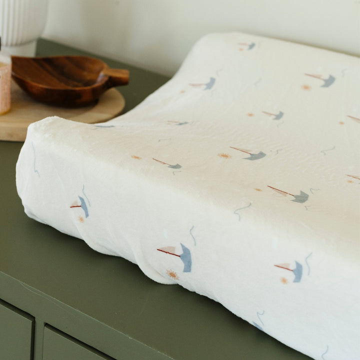 Sail Boat shown in the Saranoni Minky Stretch Luxe Changing Covers adds luxe texture and works beautifully with most changing pad covers