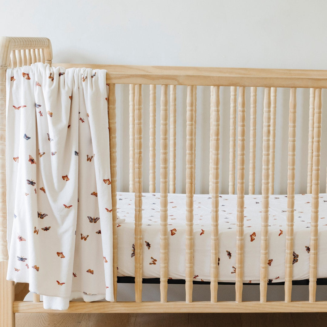 Soft and stretchy, the Butterfly Saranoni Minky Stretch Luxe Crib Sheets are sheets for baby cribs parents love.