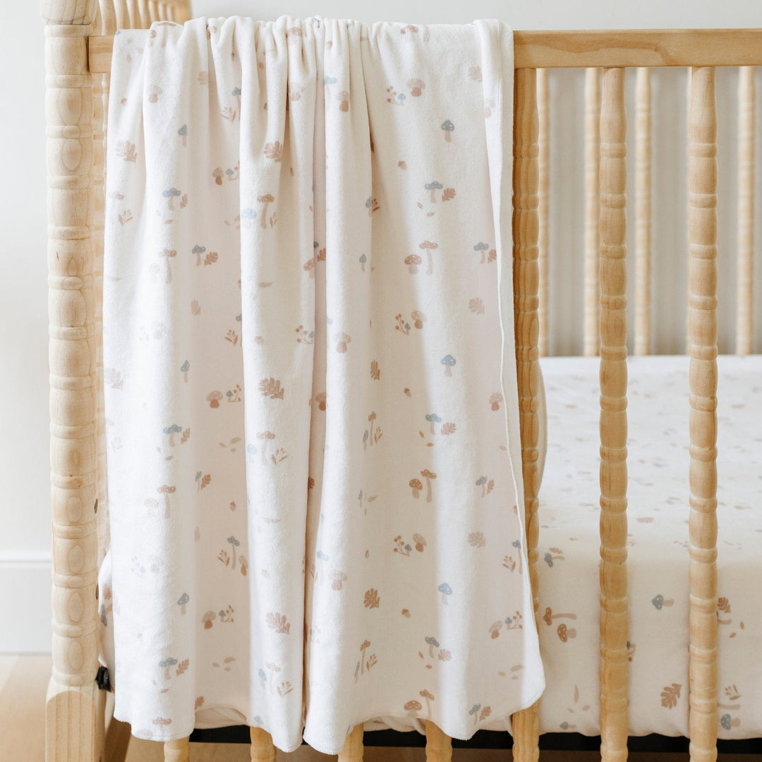 Mushroom Saranoni Minky Stretch Luxe Crib Sheets are fitted sheets for baby crib with a smooth, soft finish.