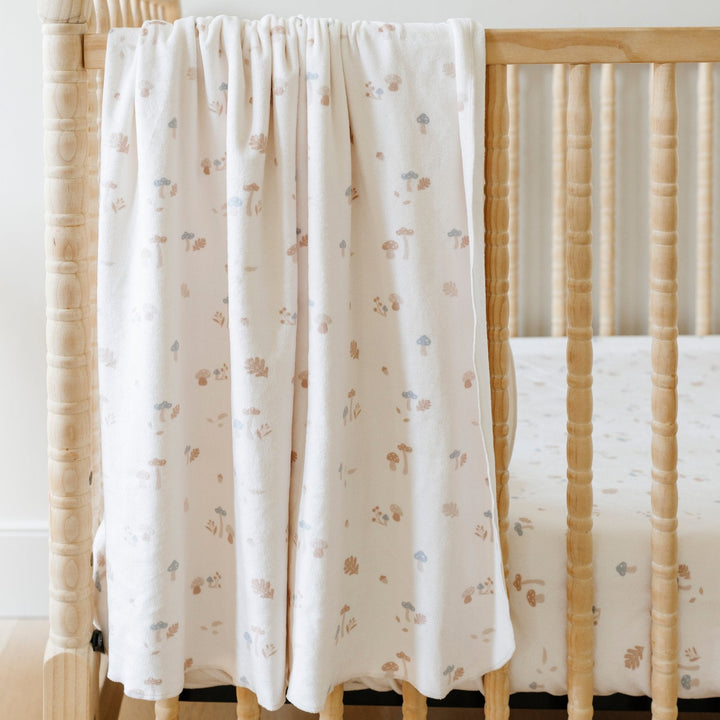 Mushroom Saranoni Minky Stretch Luxe Crib Sheets are fitted sheets for baby crib with a smooth, soft finish.
