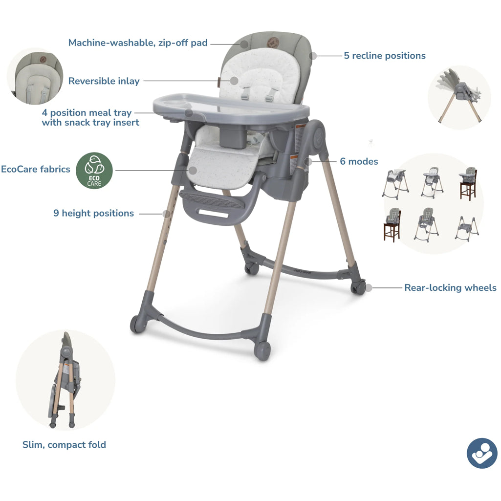 Maxi Cosi Minla 6-in-1 High Chair, folded for easy storage, a sleek and durable high chair for modern families.