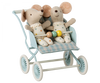 maileg mice riding in mint baby stroller