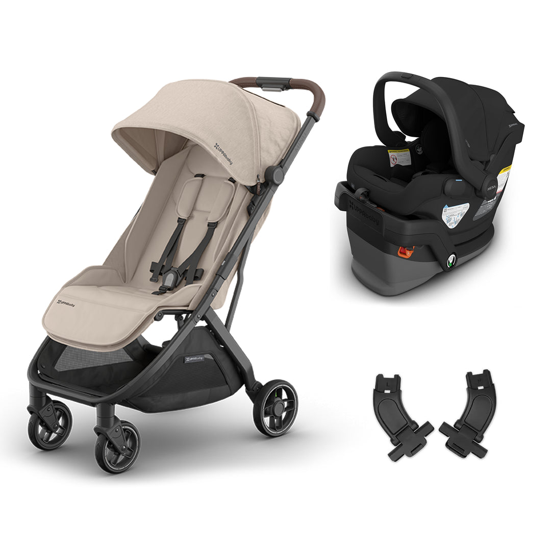 UPPAbaby Minu V3 Ada with Mesa V3 Jake — sandstone stroller and black infant car seat travel system