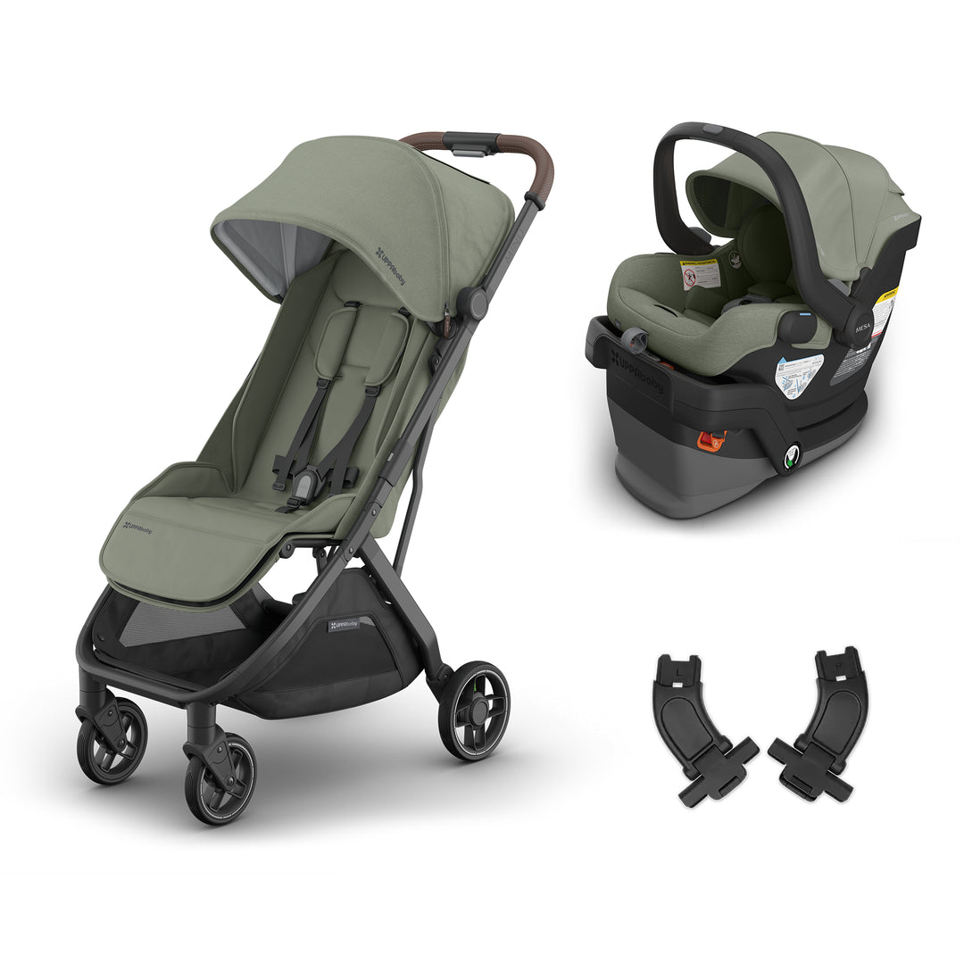 UPPAbaby Minu V3 Evelyn with Mesa V3 Evelyn — matching meadow green compact stroller travel system