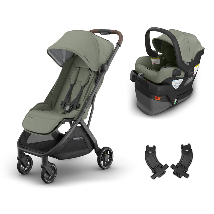 UPPAbaby Minu V3 Evelyn with Mesa V3 Evelyn — matching meadow green compact stroller travel system
