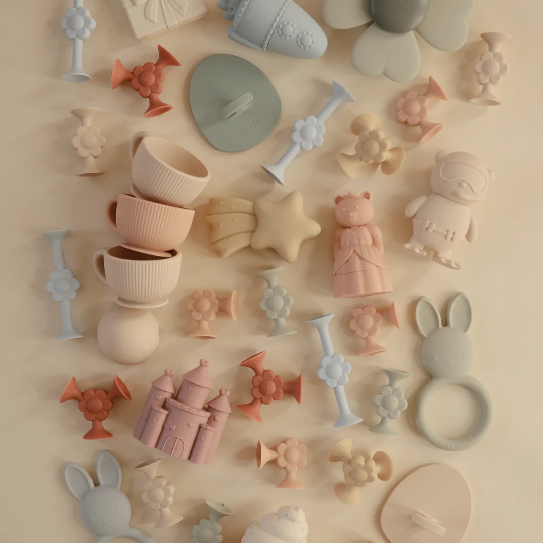 overview of mushie colorful no micro plastics infant safe bathtoys