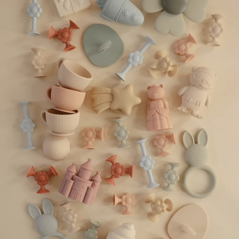 overview of mushie colorful no micro plastics infant safe bathtoys