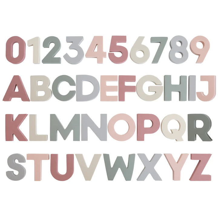 Mushie Letters Numbers Bath Play Set Sol colorway - foam alphabet and number bath toys in warm earthy tones