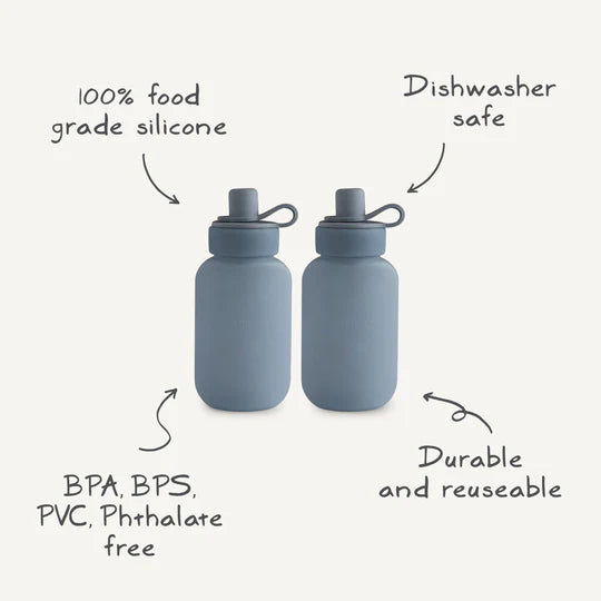 Infographic of Uppababy mushie silicone puree pouch 2-pack, highlighting food grade silicone and reusable design.