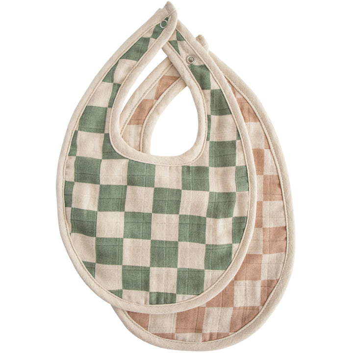 mushie muslin bib 2-pack olive check/natural check