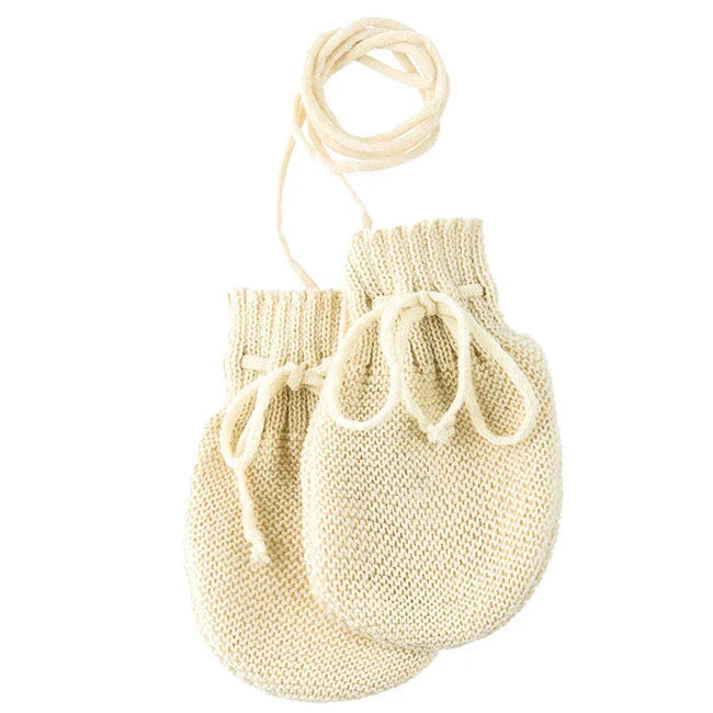 Undyed cream knit mittens with drawstring ties, Disana Organic Merino Wool Baby Mittens in Natural, newborn scratch mitts