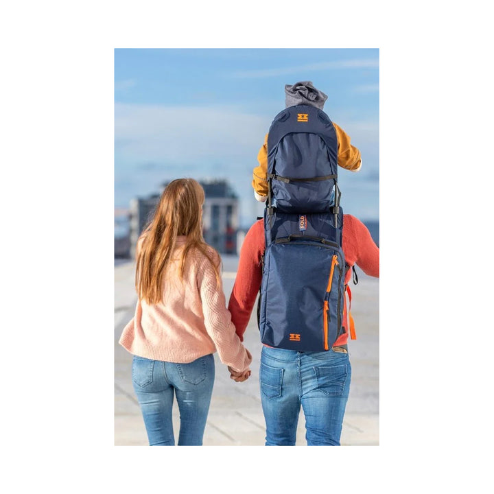 The backpack and shoulder carrier in navy blue