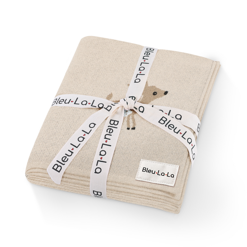 Gift-ready Bleu La La knit baby swaddle blanket wrapped with ribbon, neutral baby blanket for baby showers