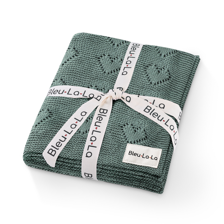 Bleu La La 100% Cotton Luxury Knit Heart Swaddle Baby Blanket in hunter green, folded and gift-ready with premium cotton knit detail.