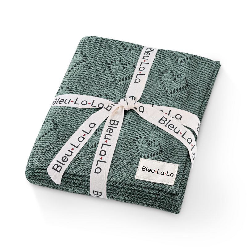 Bleu La La 100% Cotton Luxury Knit Heart Swaddle Baby Blanket in hunter green, folded and gift-ready with premium cotton knit detail.