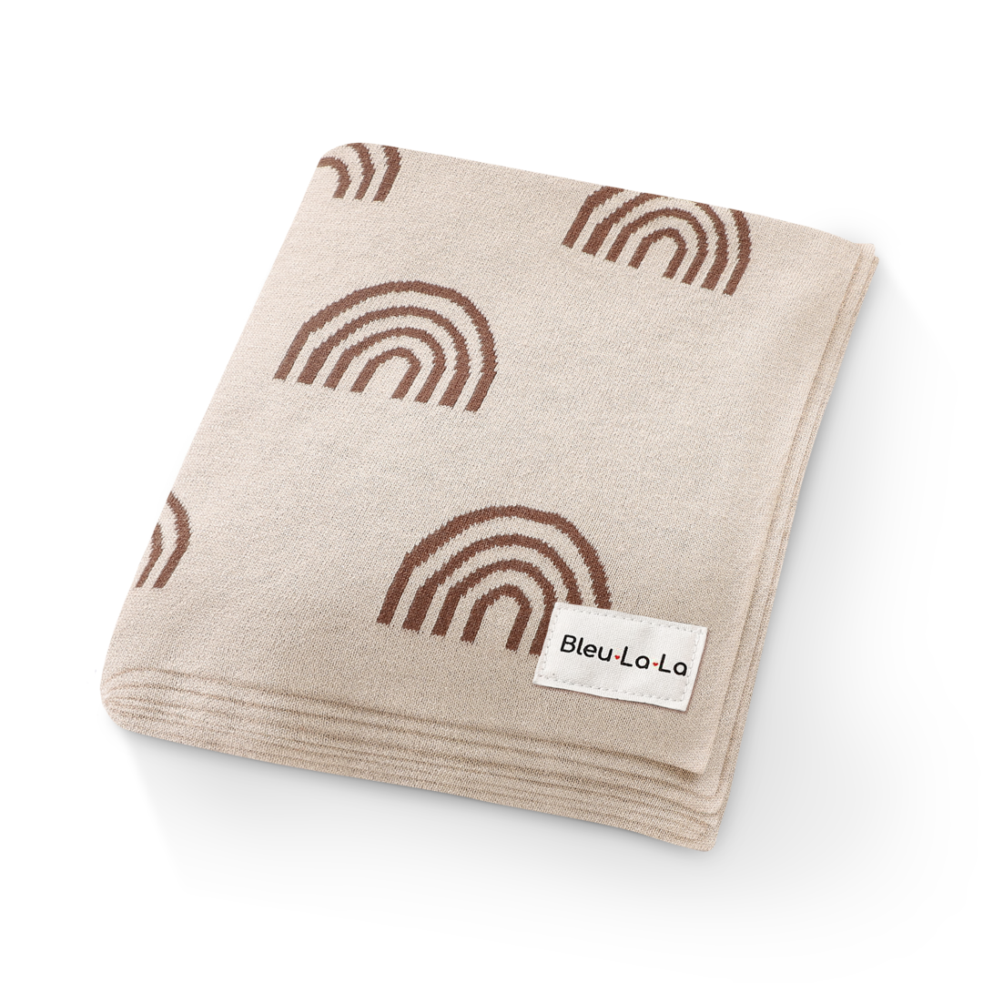 Close up the swaddle Bleu La La Rainbow Blanket in Taupe