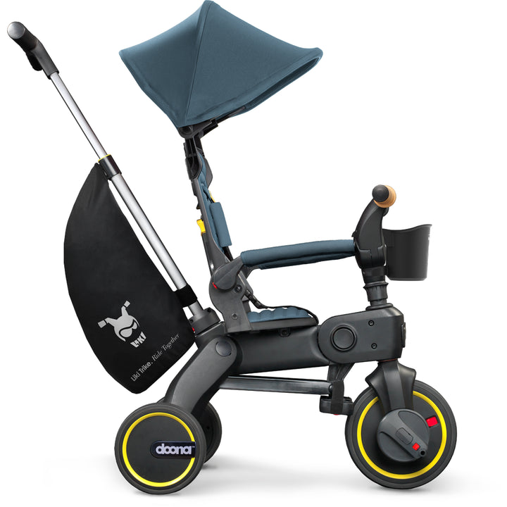 Doona Compact Folding Liki Trike S5 Ocean Blue, adjustable canopy for sunny days, one of the best stroller options.