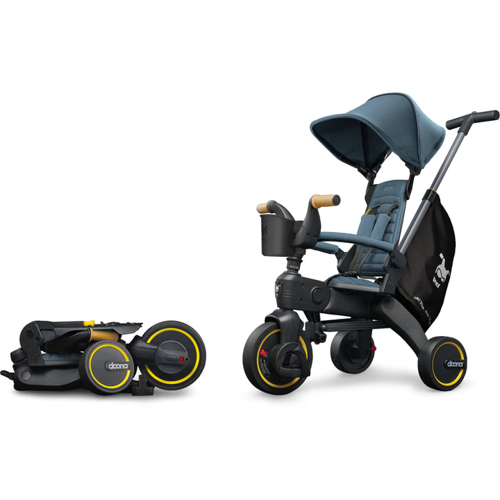 Doona Compact Folding Liki Trike S5 Ocean Blue, showing folded and unfolded modes, versatile tricycle stroller for families.