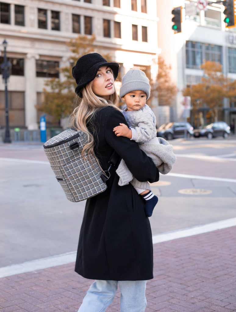 The Original Diaper Bag in Plaid Tweed with ha woven polyester to mimic tweed