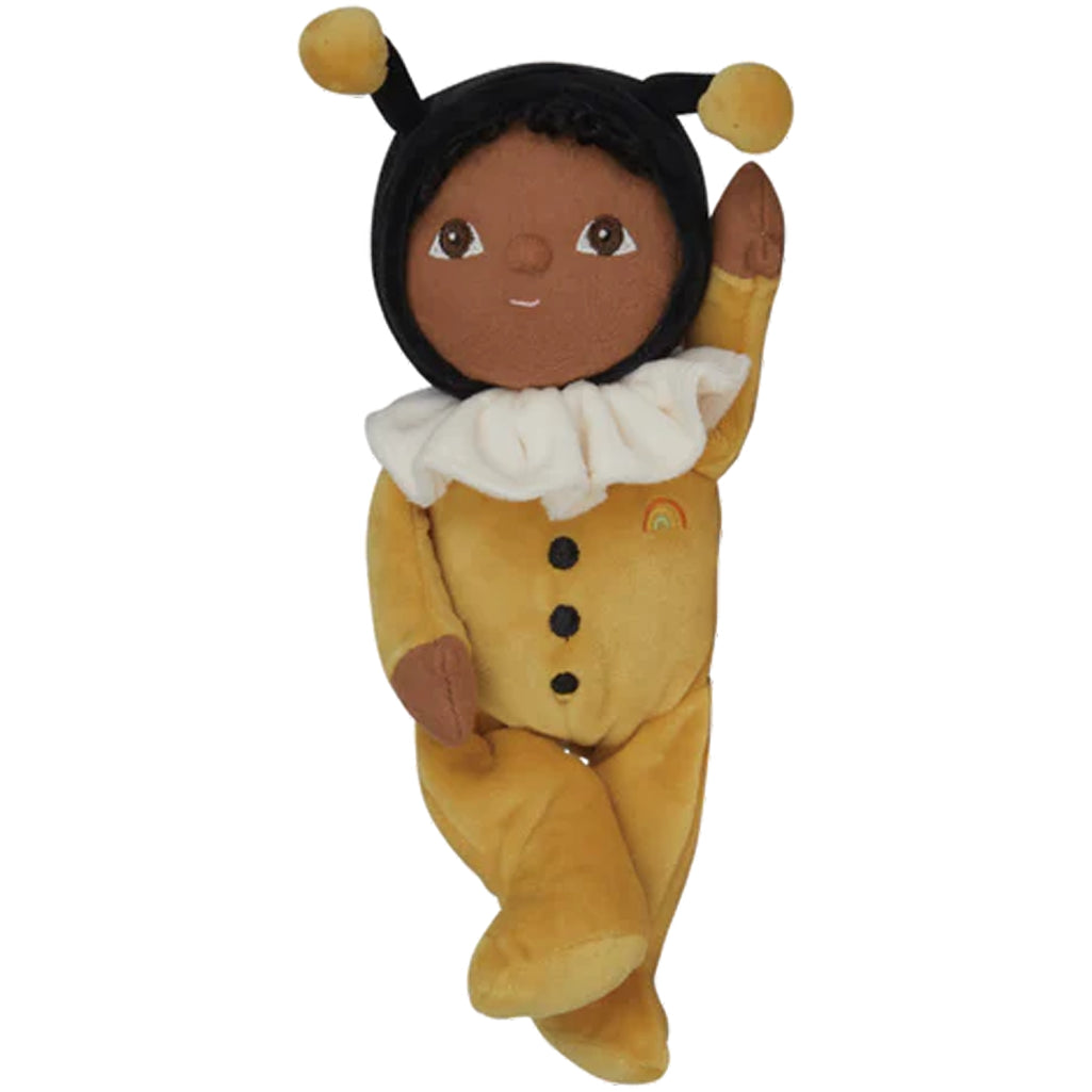soft bllie bumblebee doll smiling sweetly at the viewer with one arm raised to touch his hood 