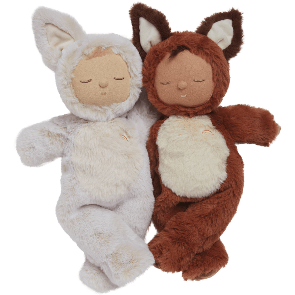two olli ella plush fox stuffed dolls in animal outfits 