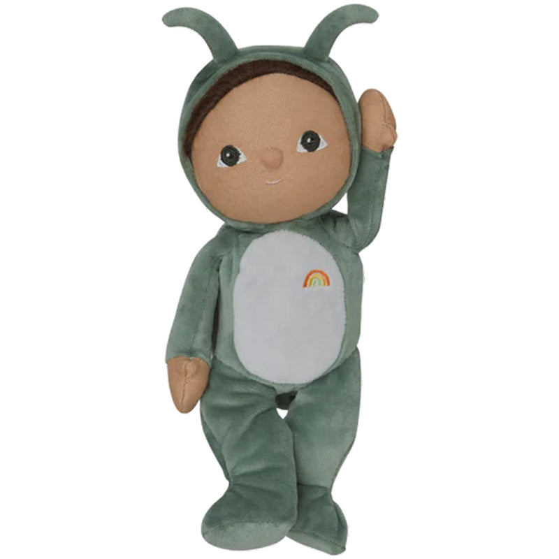 hazel eyed burnette soft doll for toddler by olli ella steing forward in a green cuddly outfit 