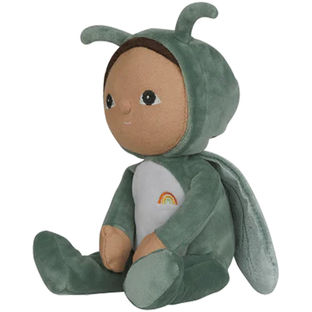 green gideon grasshopper stuffed doll toy by olli ella in green velour outfit with shiny wings 