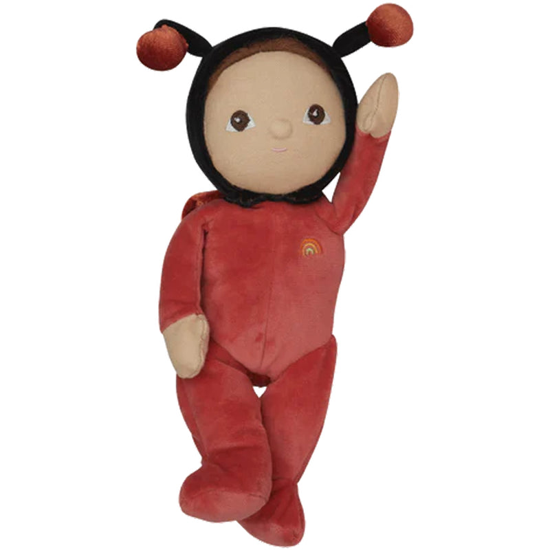 olli ella brown eyed lola ladybug dinky dinkums doll waving over white background 