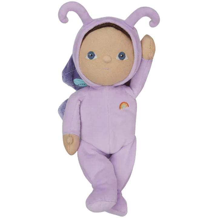 betty butterfly olli ella dinky dinkums purple soft kids doll balancing on one leg with her arm raised 