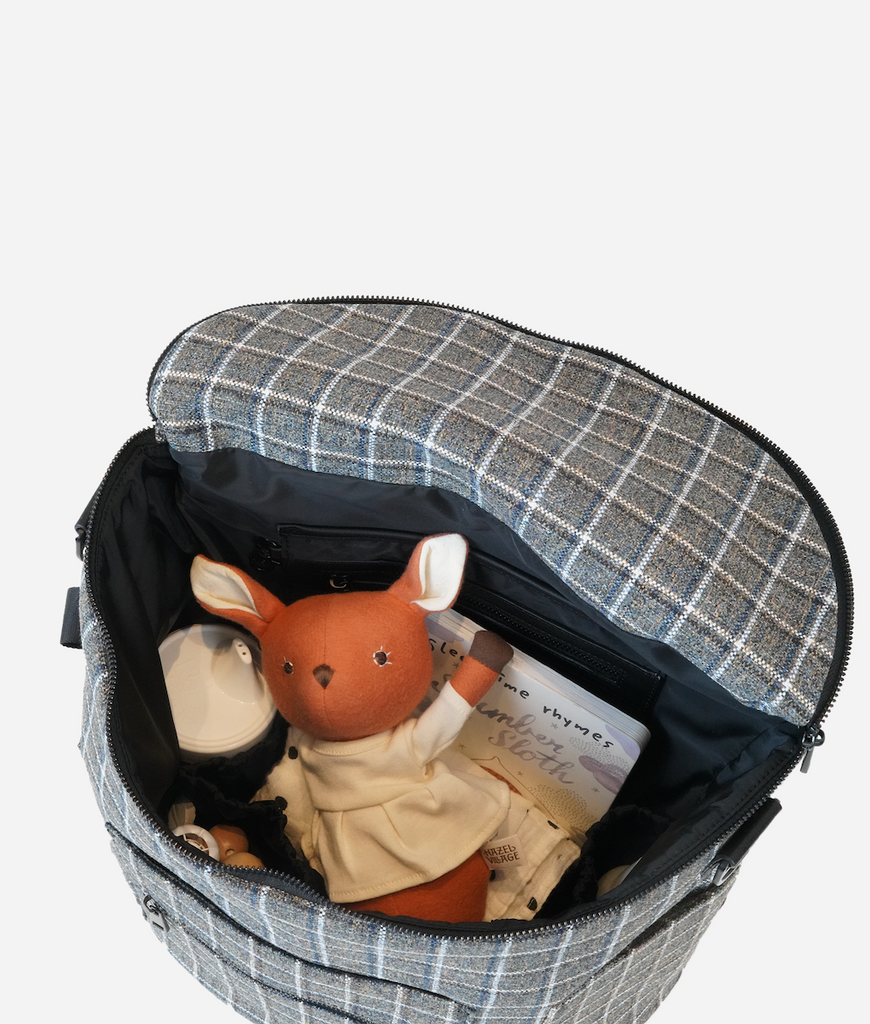 The Original Diaper Bag in Plaid Tweed with nylon inside that is light and easy to clean