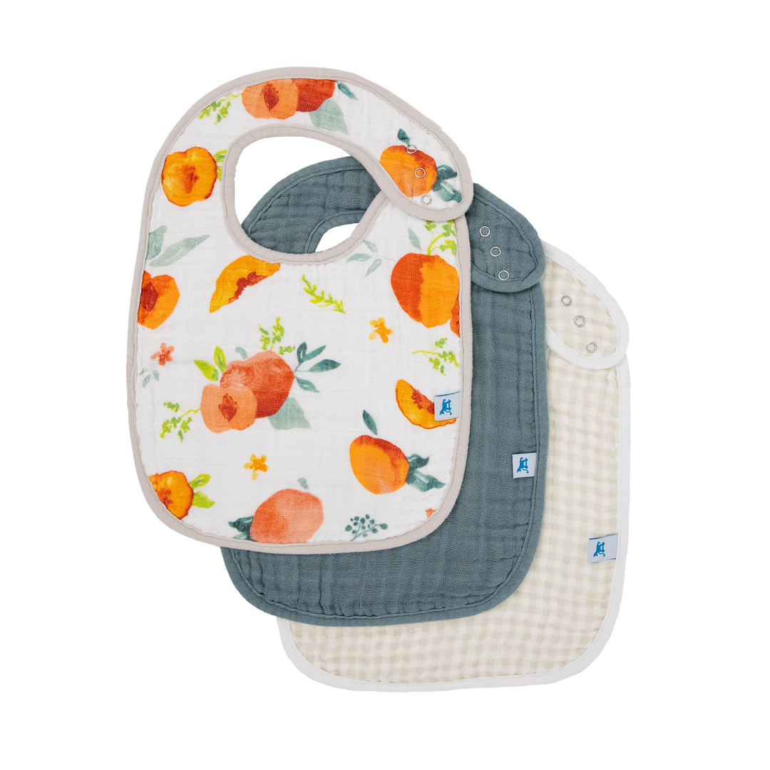 Little Unicorn Cotton Muslin Classic Bib 3 Pack - Georgia Peach, soft baby bibs for mealtime