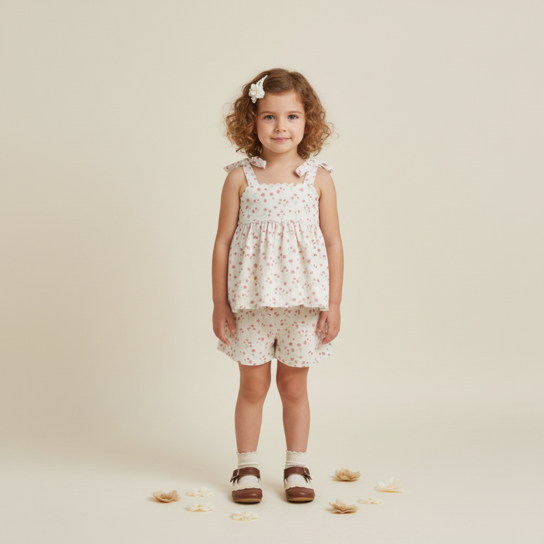 Pink bloom tie-up top and shorts set flat - MakeMake Organics organic cotton coordinated toddler look