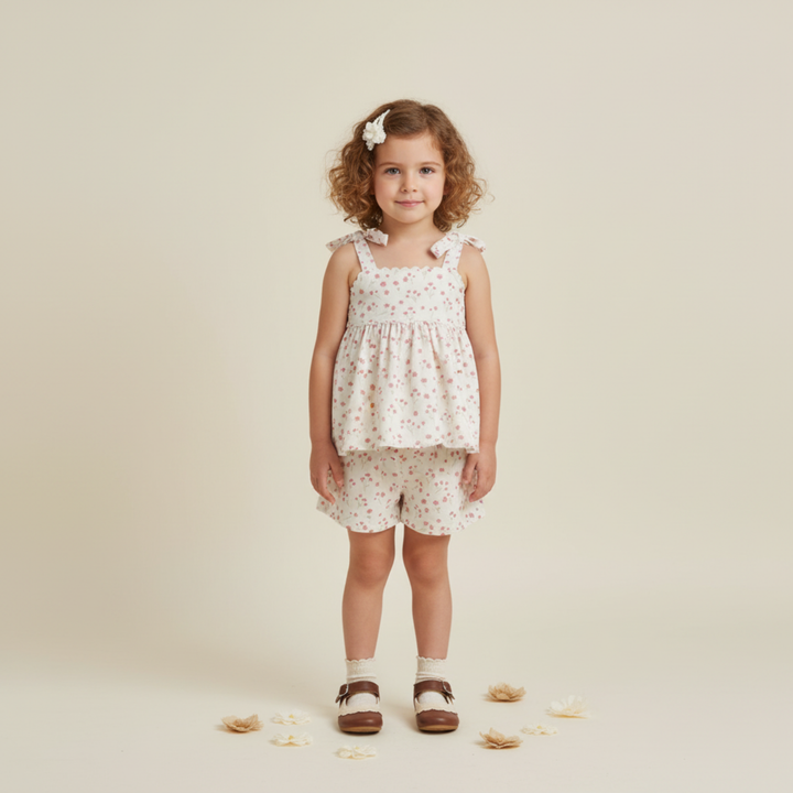 Pink bloom tie-up top and shorts set flat - MakeMake Organics organic cotton coordinated toddler look