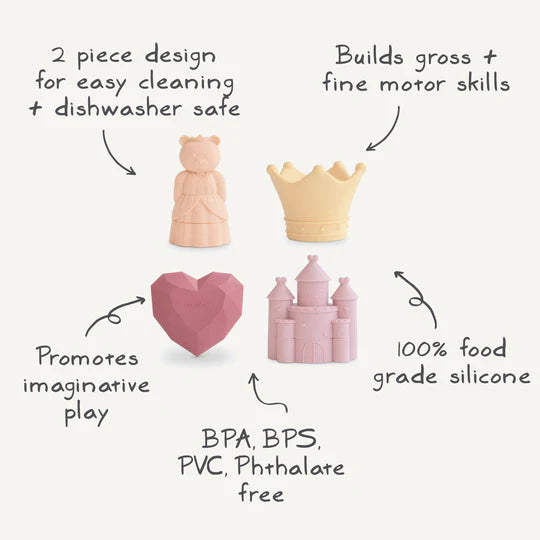 set of four mold free priness mushie bath toys with heart, teddy bear, crown and castle