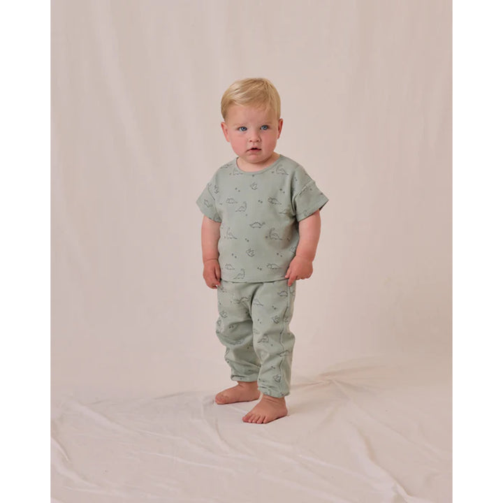 quincy mae dino set with green baby sweat pants and short sleeved shirt 