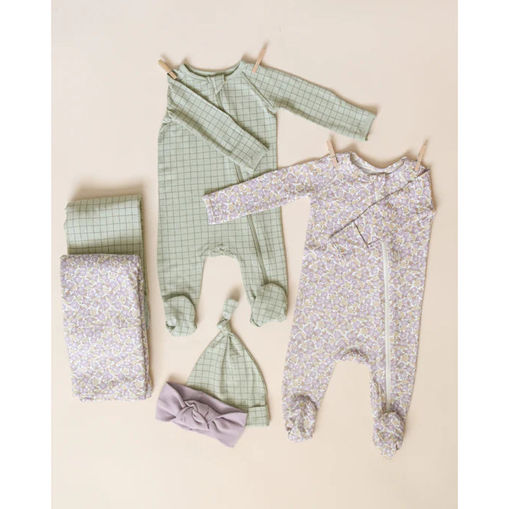 quincy mae sage grid zip footie pajamas and bamboo cotton swaddling blanket 