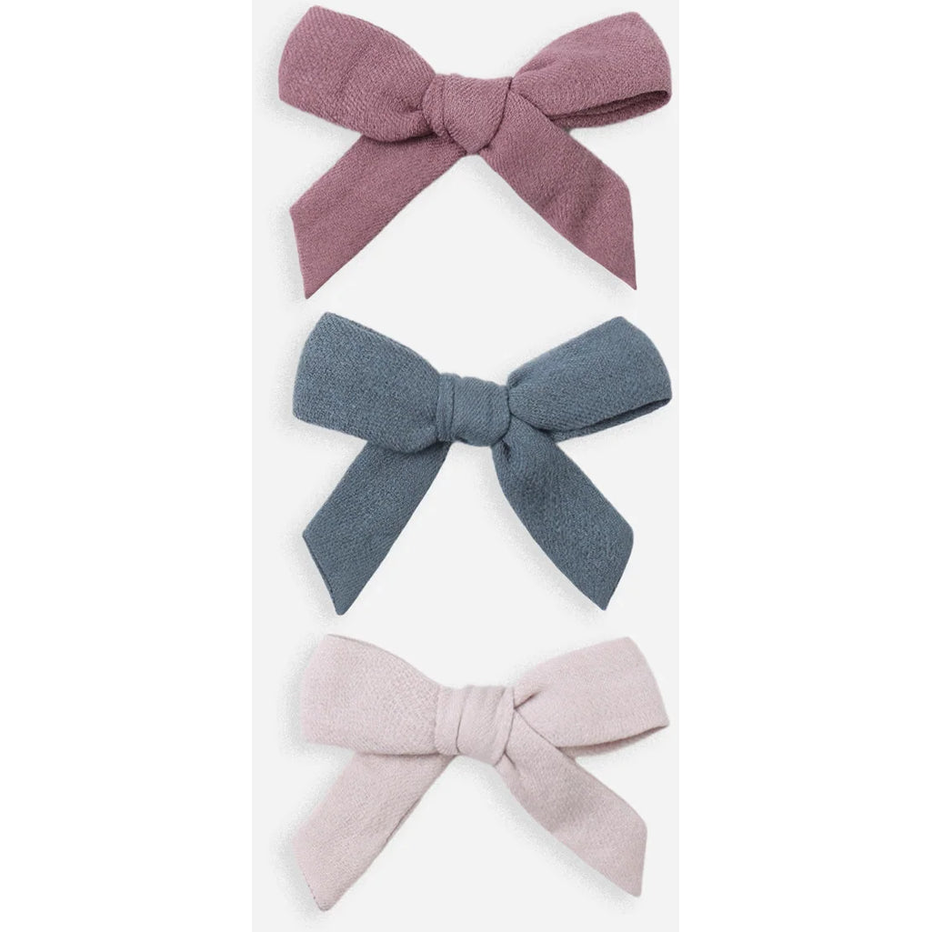 qunicy mae bow with clip set in ocean, mulberry, and lilac