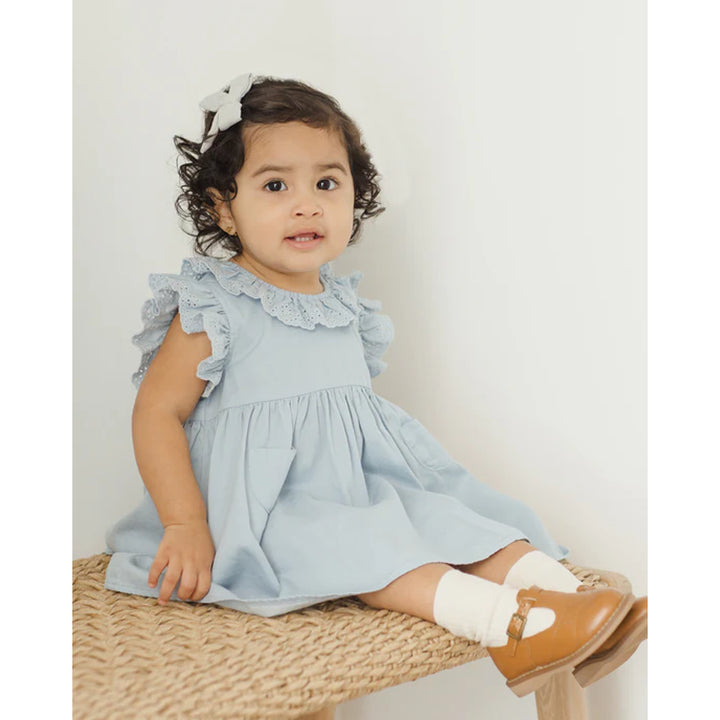 quincy mae chambray blue baby girl dress with matching summer socks 