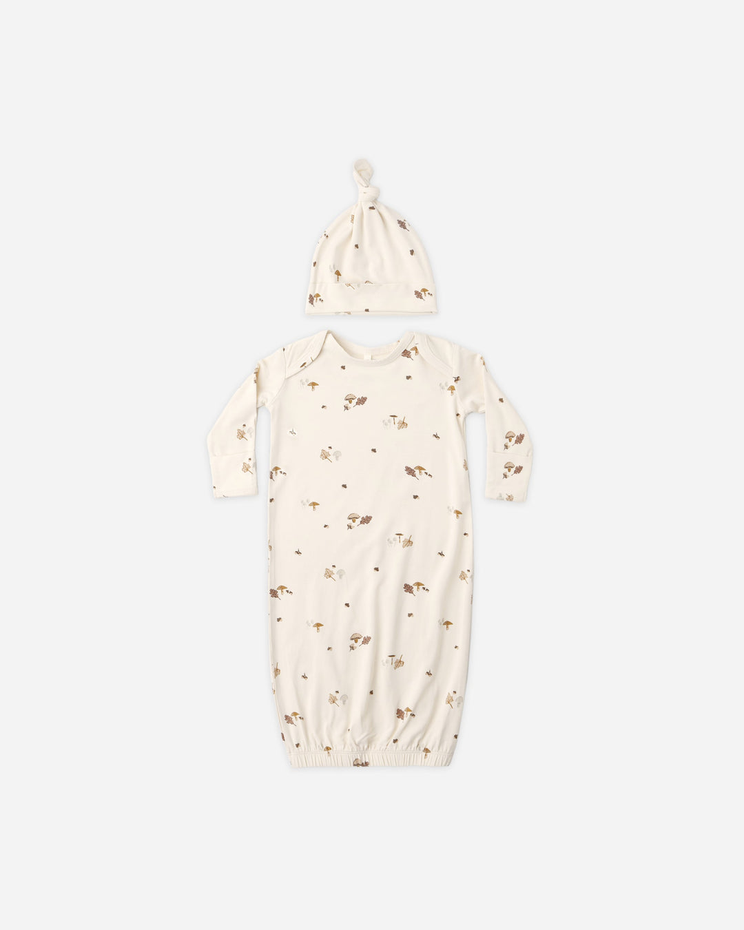 Quincy Mae Bamboo Baby Gown + Hat Set in Woodland print on natural, newborn coming home outfit