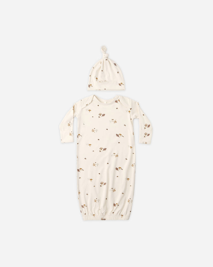Quincy Mae Bamboo Baby Gown + Hat Set in Woodland print on natural, newborn coming home outfit